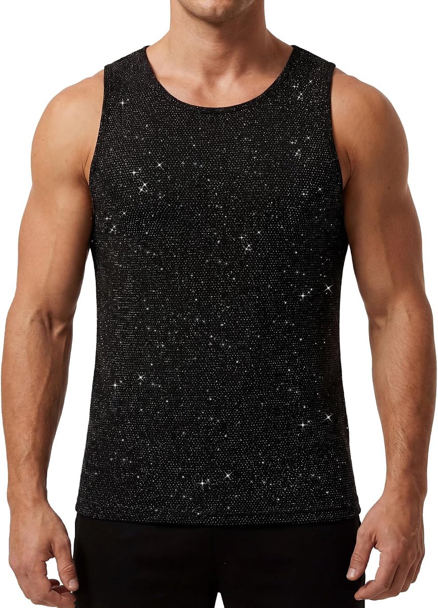 Glitter-tanktop voor heren, glanzend netshirt, mouwloos bovendeel, ronde hals, sexy clubwear, feestoutfit voor disco, bar, festival