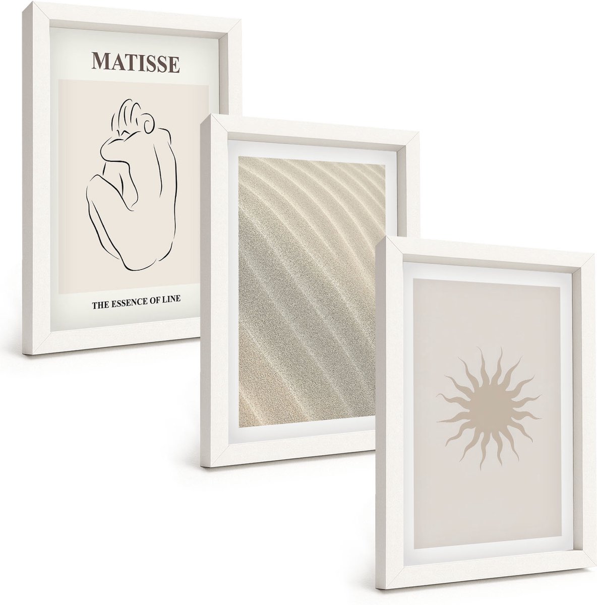 Wallfluent 3-Delige Schilderij Set - Minimalistische Zandlijnen, Golven En Zon - 20 x 30 - Wanddecoratie - Muurdecoratie - Woonkamer - Decoratieve Schilderijen