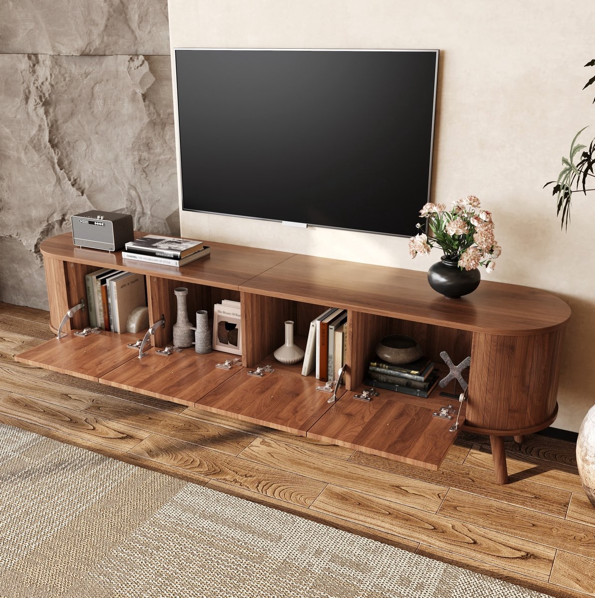 REDOM - TV meubel - Vier klepdeuren - Afgeronde hoeken - Opbergruimte voor audio- en videoapparatuur - Vintage stijl - Woonkamer - MDF en spaanplaat - Walnoot - 180 x 38 x 47 cm