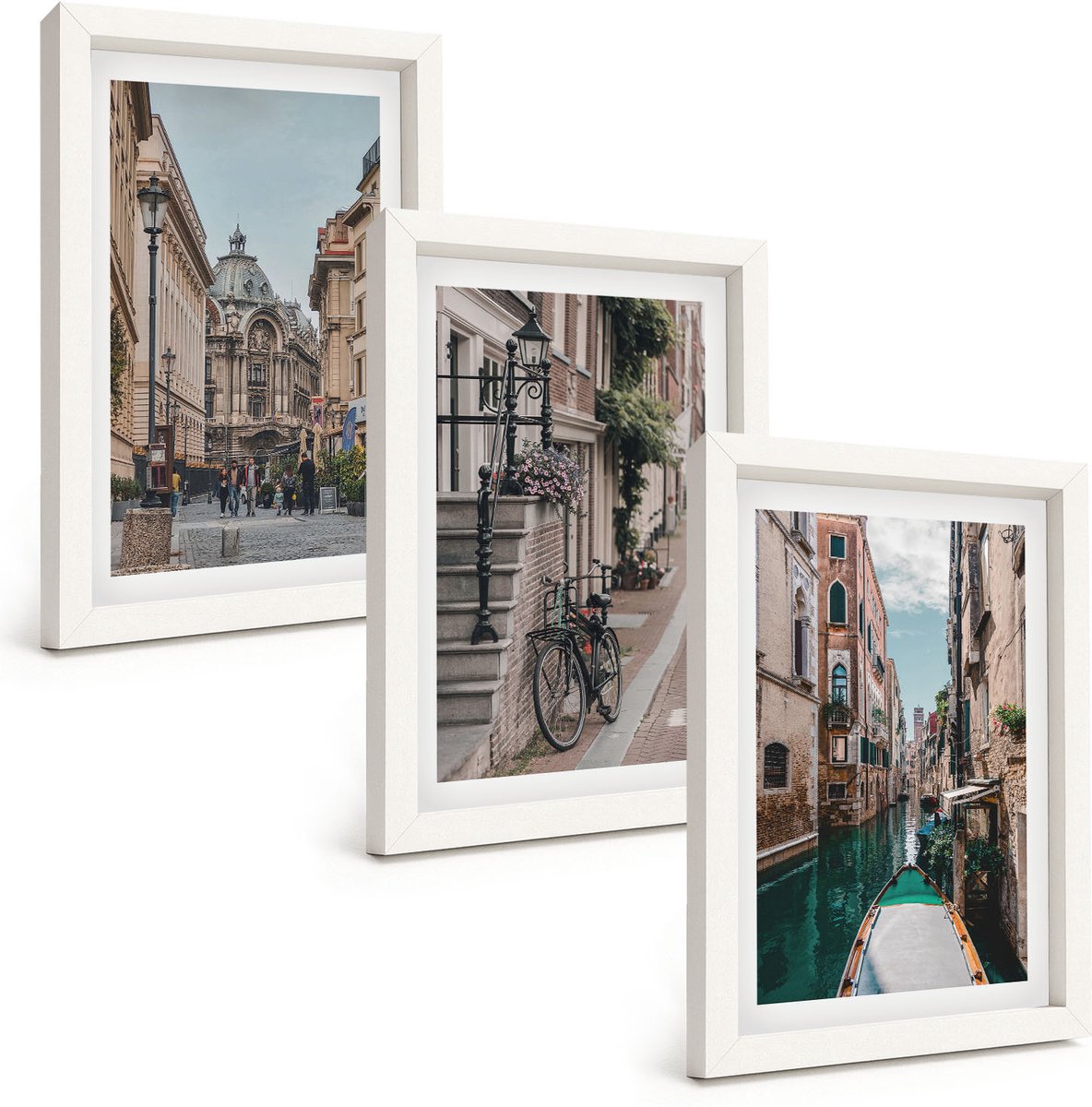 Wallfluent 3-Delige Schilderij Set - Venetiaanse Straten Van Steden Met Architectuur En Water - 20 x 30 - Stijlvolle Muurdecoratie - Kantoor - Decoratieve Schilderijen