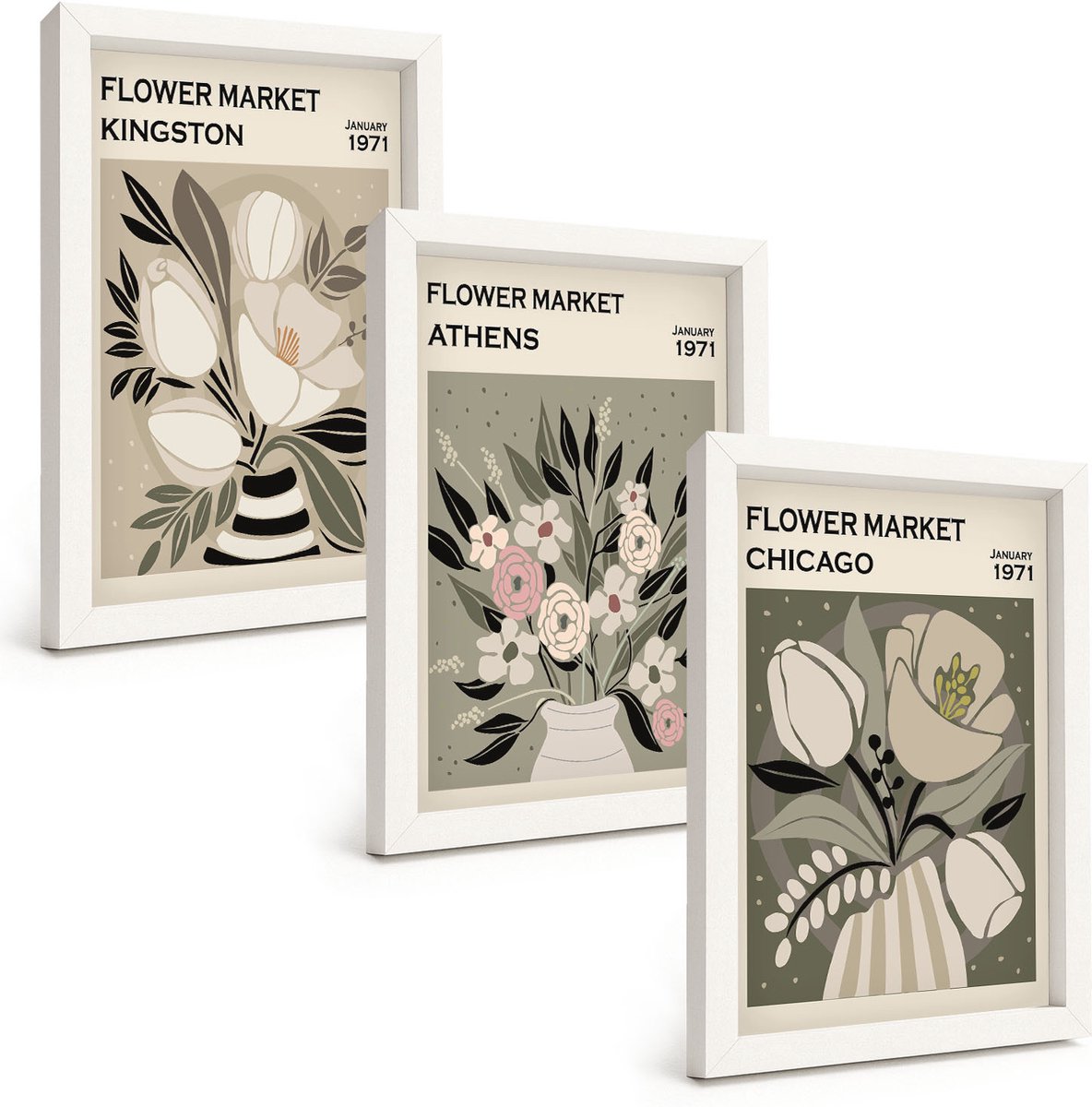 Wallfluent 3-Delige Schilderij Set - Bloemstukken Uit Verschillende Steden In Retrostijl - 20 x 30 - Decoratieve Muurdecoratie - Slaapkamer - Stijlvolle Muurdecoratie