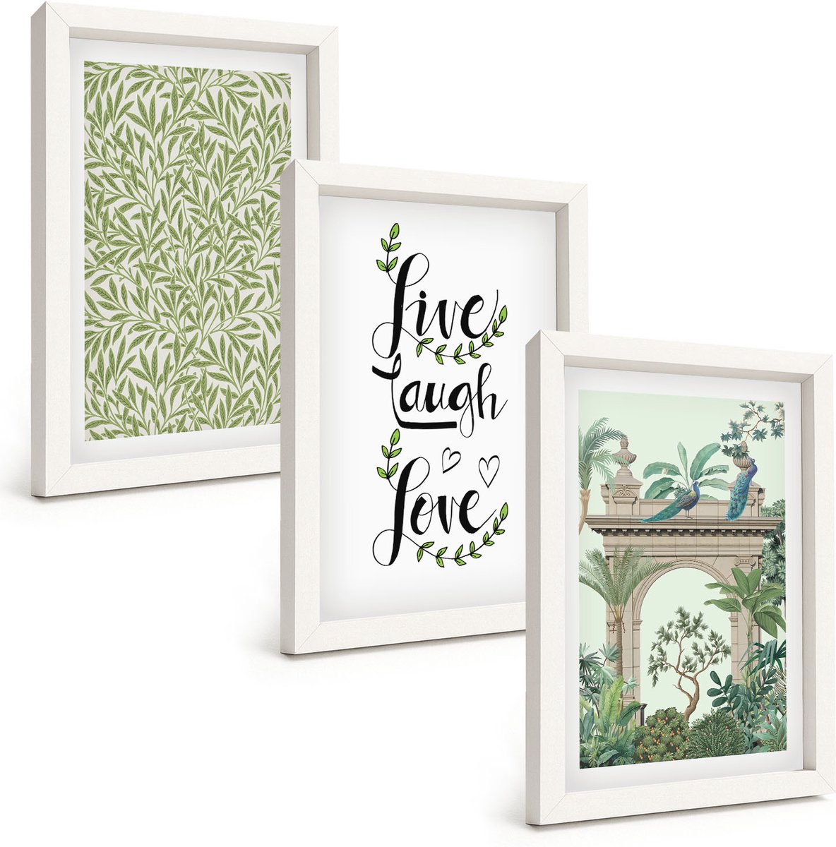 Wallfluent 3-Delige Schilderij Set - Groene Bladeren Als Lettertype En Exotische Planten In De Architectuur - 20 x 30 - Stijlvolle Muurdecoratie - Kantoor