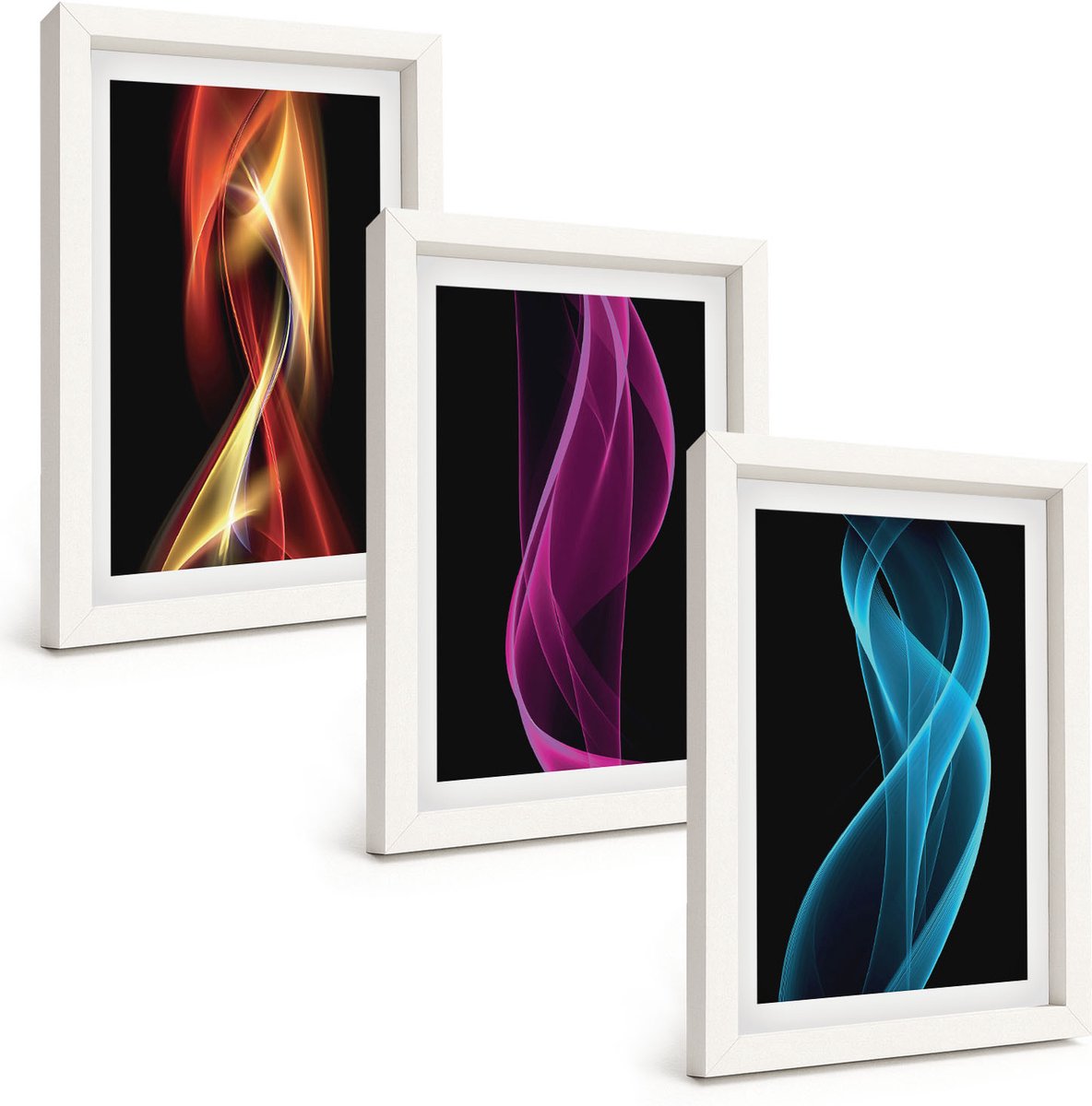 Wallfluent 3-Delige Schilderij Set - Golven Van Kleurrijke Neonlijnen Op Een Donkere Achtergrond - 20 x 30 - Schilderijen Set - Wanddecoratie - Woonkamer - Stijlvolle Muurdecoratie