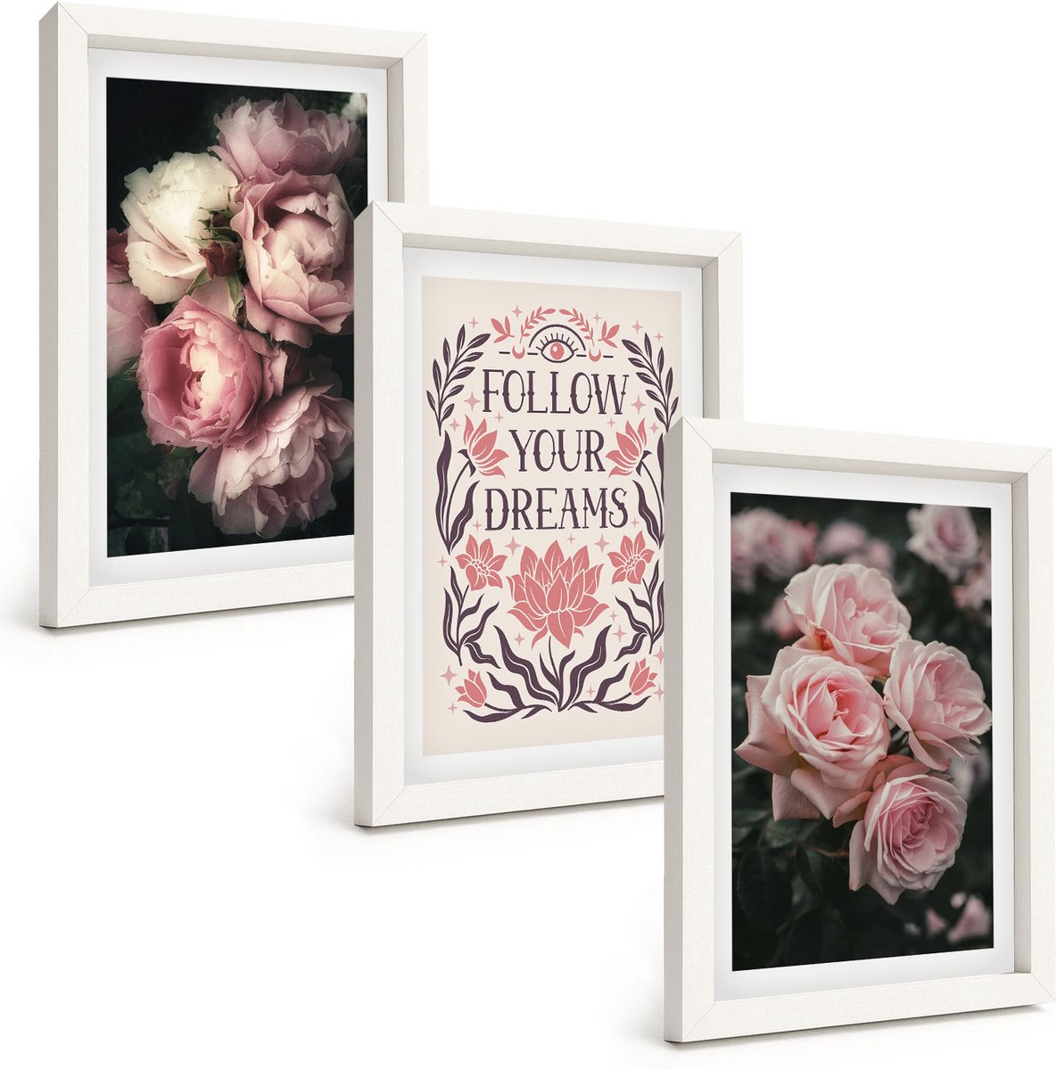 Wallfluent 3-Delige Schilderij Set - Vintage Rozen Met De Inscriptie 'Over Dromen'. - 20 x 30 - Moderne Wanddecoratie - Woonkamer - Woonkamer Decoratie