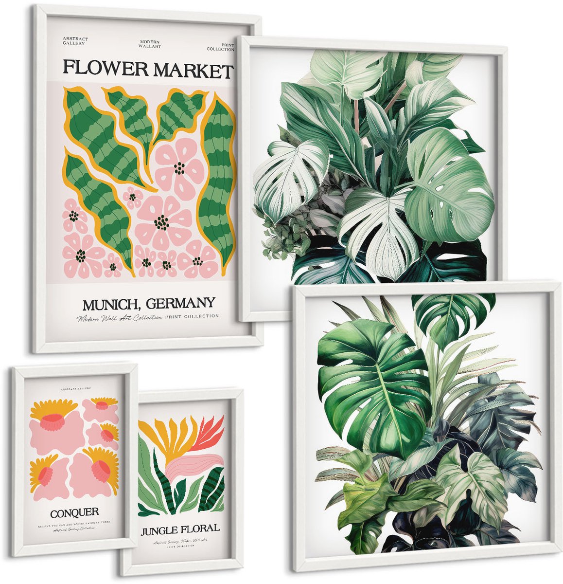 Wallfluent 5-Delige Schilderij Set - Plantenmotieven En Bloemenaccenten In De Boho-Stijl. - 50 x 50 cm, 20 x 30 cm En 40 x 60 cm - Muurdecoratie - Decoratieve Schilderijen - Wohnzimmer - Stijlvolle Muurdecoratie