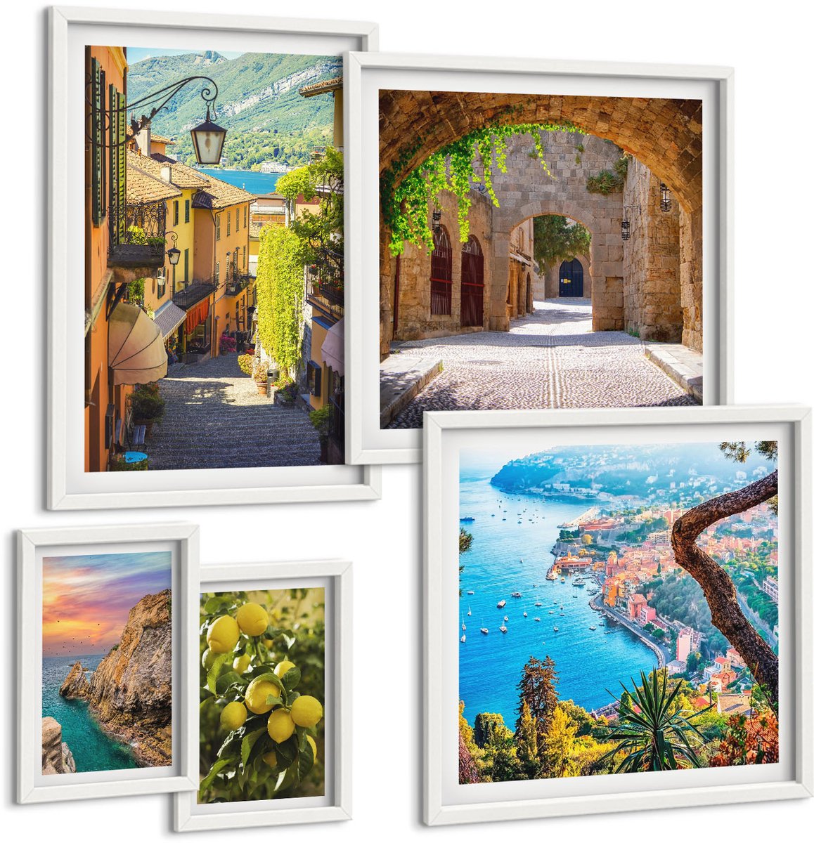 Wallfluent 5-Delige Schilderij Set - Charmante Uitzichten Op Kustplaatsen En Landschappen - 50 x 50 cm, 20 x 30 cm En 40 x 60 cm - Wanddecoratie - Muurdecoratie - Woonkamer - Stijlvolle Muurdecoratie