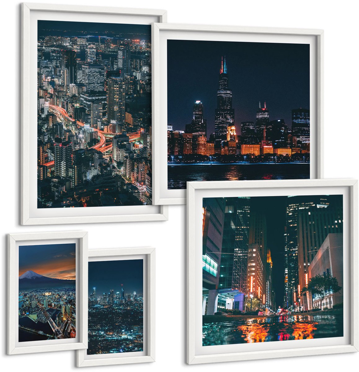 Wallfluent 5-Delige Schilderij Set - Nachtelijke Uitzichten Op Moderne Steden En Hun Architectuur - 50 x 50 cm, 20 x 30 cm En 40 x 60 cm - Wanddecoratie - Schilderijen Set - Interieur