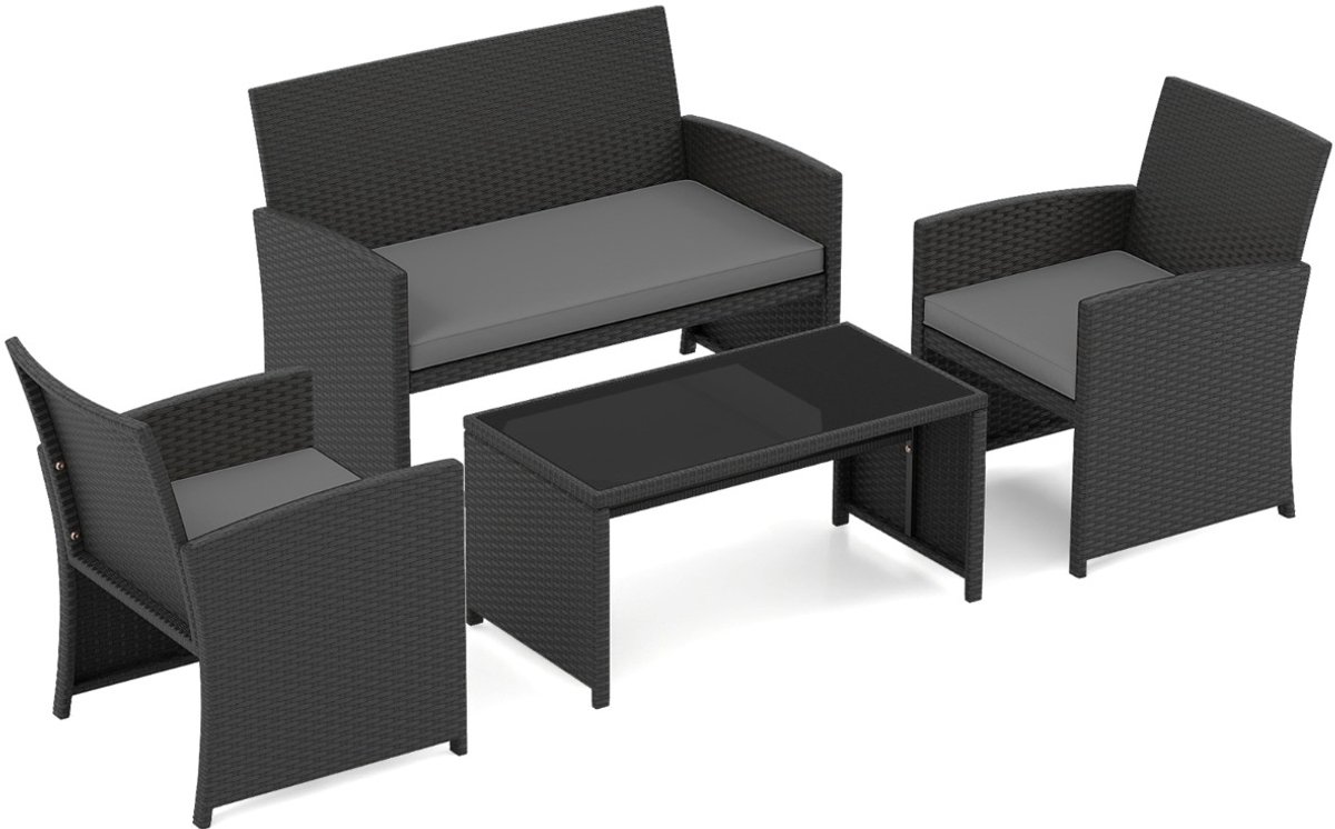 SureDeal® - Tuinset - Delige Rotan Zitsbank - Fauteuils - Salontafel Gehard Glas - Kussens - 58,5x63,5x78,5 cm - Grijs