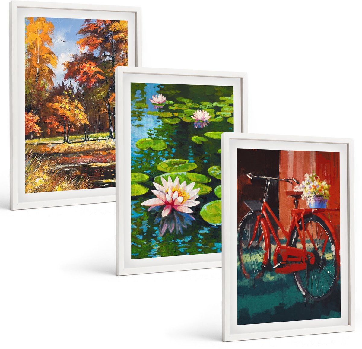 Wallfluent 3-Delige Schilderij Set - Herfstkleuren, Lelievijver, Fietsen Op Het Terras - 40 x 60 - Wanddecoratie - Schilderijen Set - Interieur - Decoratieve Schilderijen