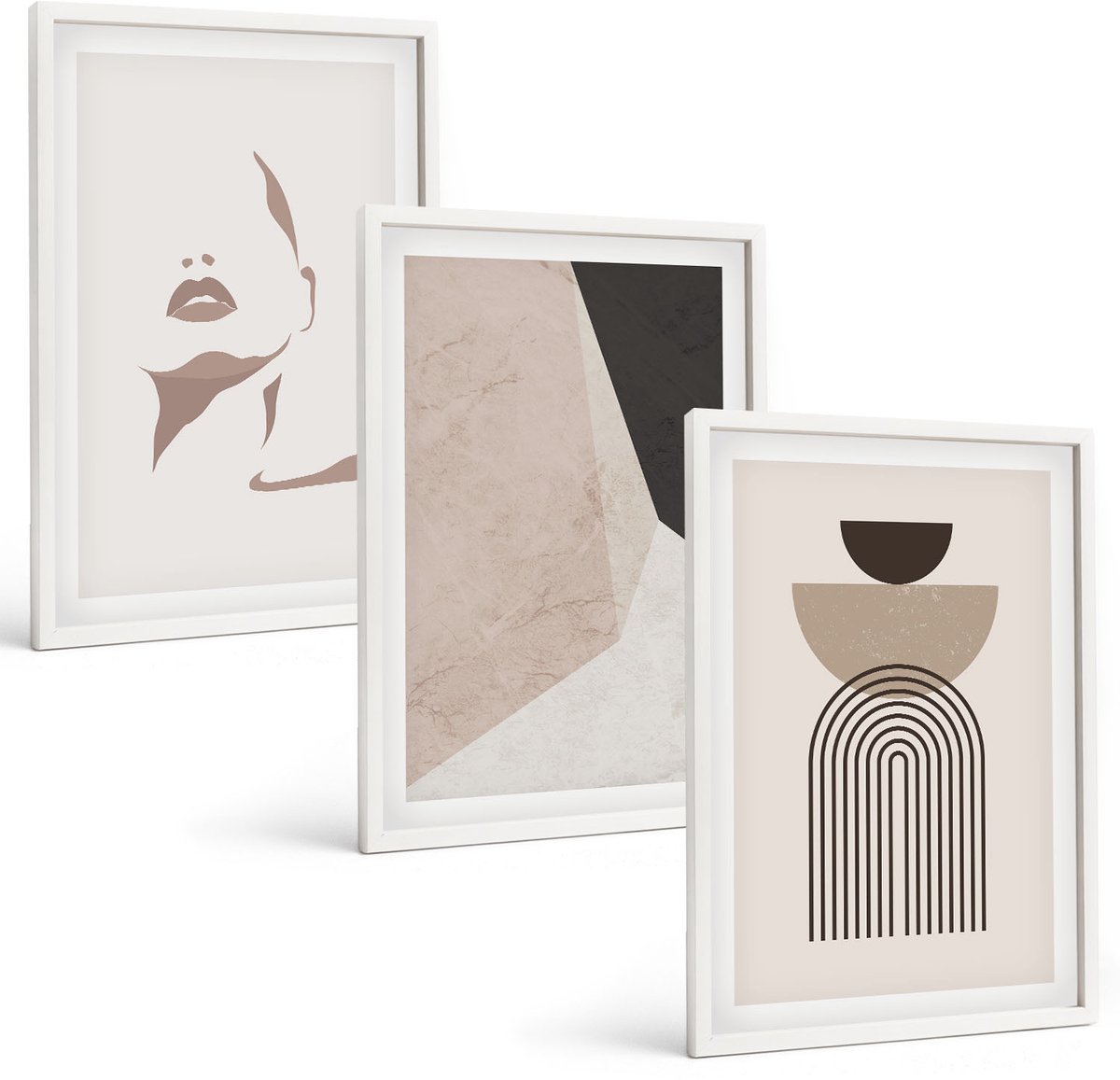Wallfluent 3-Delige Schilderij Set - Abstracte Geometrische Vormen En Een Vrouwengezicht - 40 x 60 - Decoratieve Schilderijen - Wanddecoratie - Hal - Woonkamer Decoratie