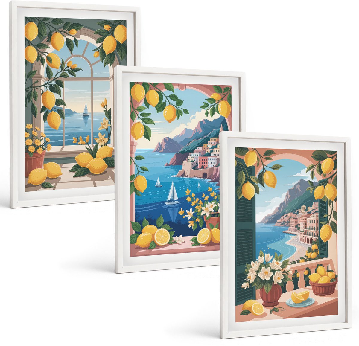 Wallfluent 3-Delige Schilderij Set - Zeezichtraam Met Italiaanse Citroenen - 40 x 60 - Wanddecoratie - Moderne Interieurdecoratie - Interieur Decoratie