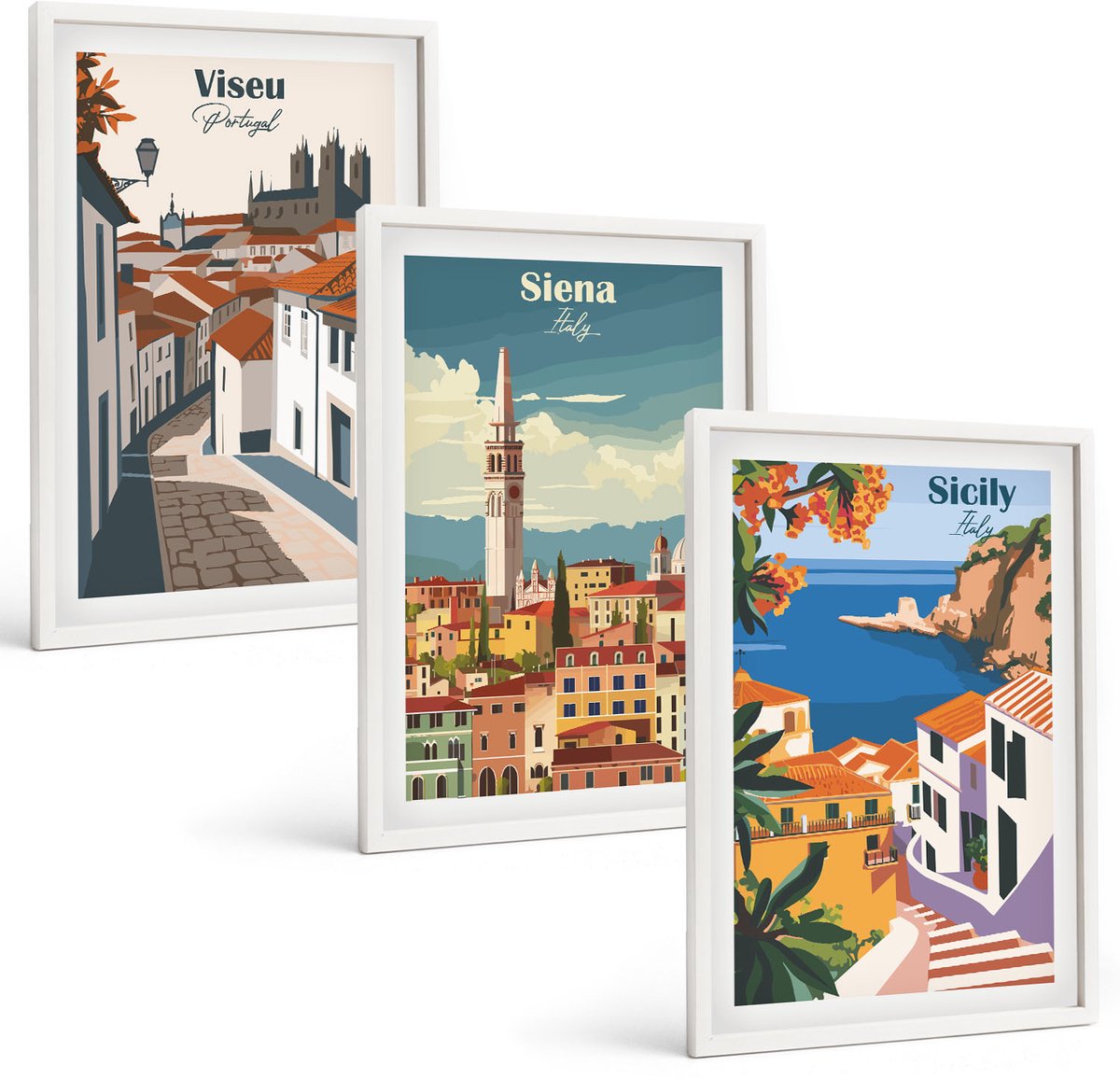 Wallfluent 3-Delige Schilderij Set - Retro-Illustraties Van Beroemde Steden Over De Hele Wereld - 40 x 60 - Decoratieve Muurdecoratie - Slaapkamer - Decoratieve Schilderijen