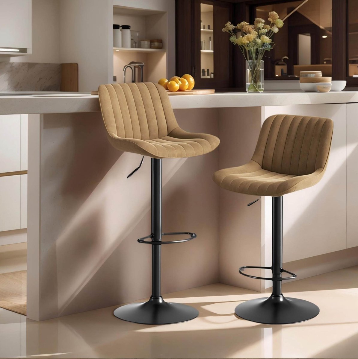 REDOM - Barkruk - Verstelbare hoogte - 360° draaibaar - Met rugleuning en voetsteun - Moderne stijl - Keuken en bar - Metaal en hout - Bruin - 87-109 cm