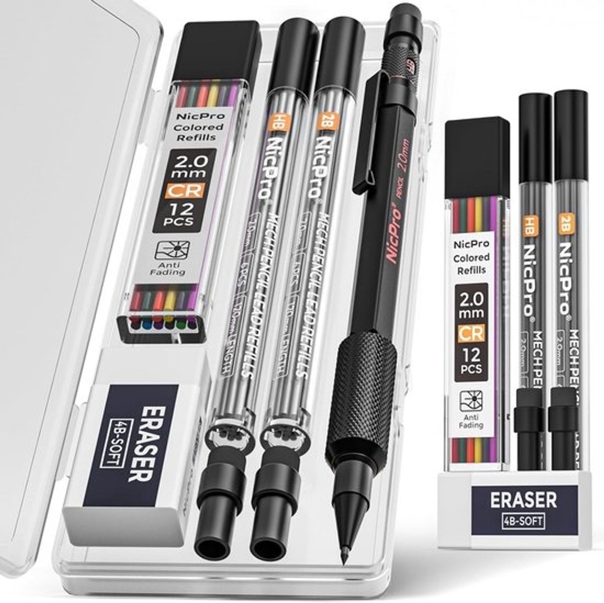 Set van 2 Mechanische Potloden 2mm met 24 Loodvullingen en Etui - Robuuste Metalen Loodhouder voor Tekenen en Schrijven