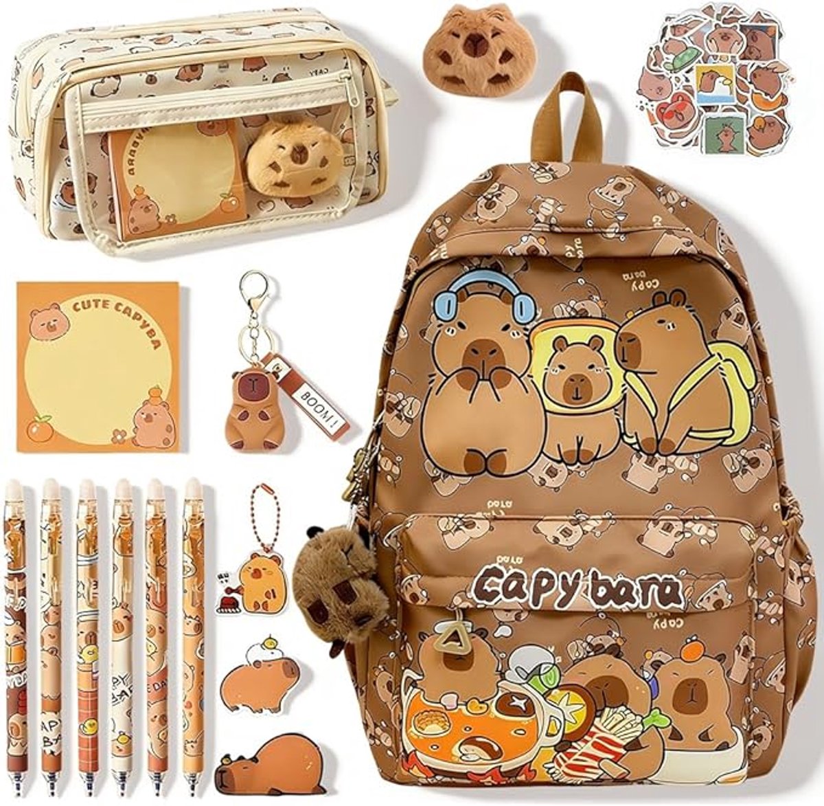 Capybara Kinderrugzak Set met Pennenetui, Sleutelhanger & Mini Knuffel – Cartoon Schoolrugzak voor Kinderen – Schooltas met Schrijfwaren en Pennen – Complete Capibara Schoolset voor Basisschool, Opvang & Uitjes