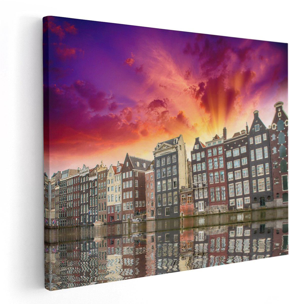 Artaza Canvas Schilderij Amsterdamse Huisjes Bij Het Kanaal - Kleur - 150x120 cm - Groot - Wanddecoratie Woonkamer - Schilderijen - Muurdecoratie