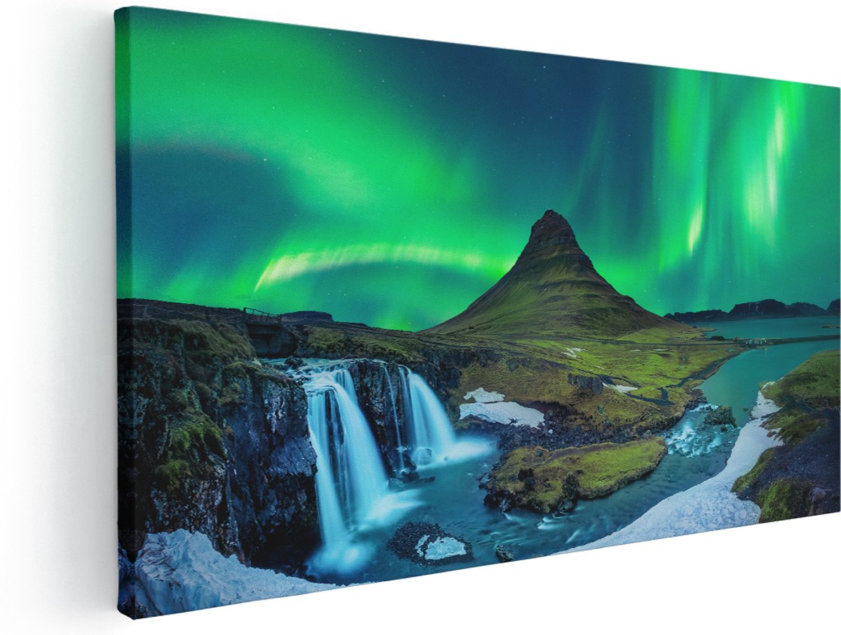 Artaza Canvas Schilderij Noorderlicht bij de Watervallen in IJsland - 160x80 cm - Groot - Wanddecoratie Woonkamer - Schilderijen - Muurdecoratie