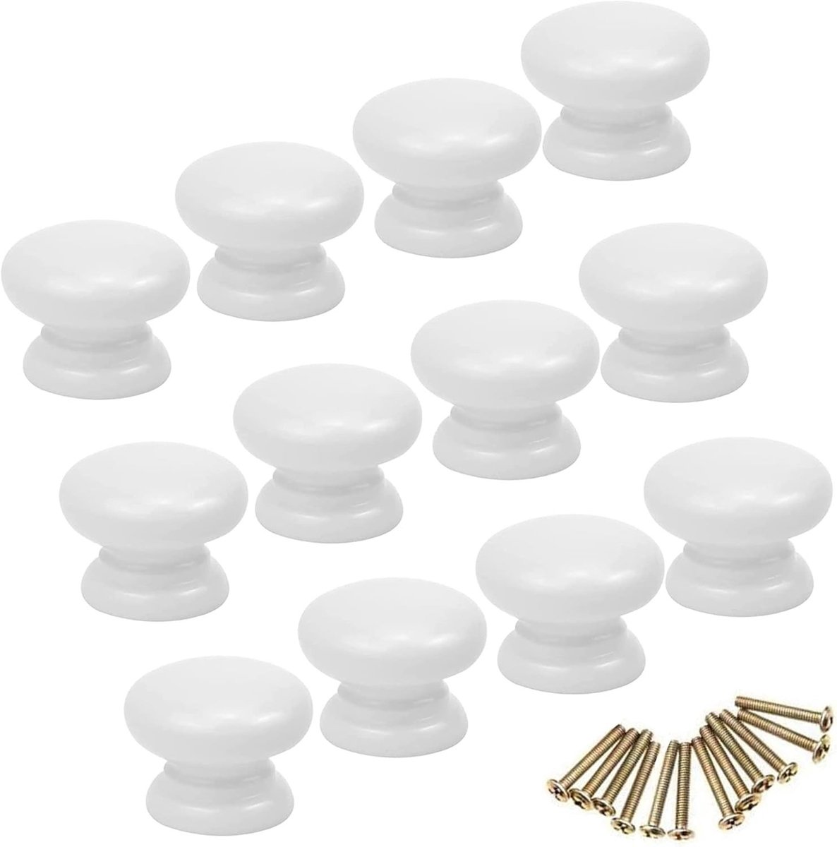 Set van 12 Witte Houten Knoppen voor Meubels - Ronde Trekkers voor Lades en Kasten met Schroeven, Diameter 33mm, Ideaal voor Keuken en Woonkamer