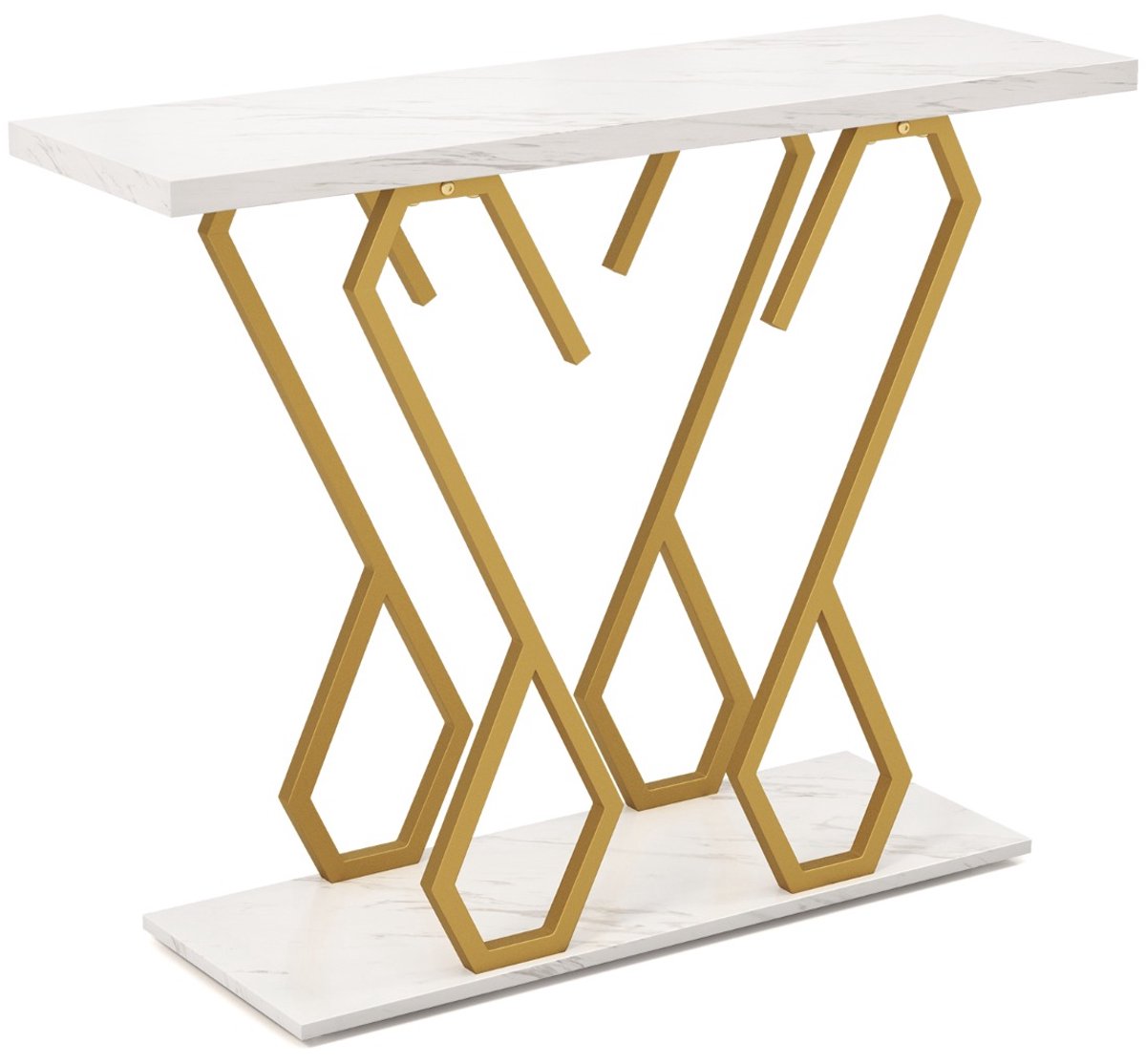 SureDeal® - Consoletafel - Kunstmarmer Foyertafel - Verstelbare Voetkussens Anti - Woonkamer Wit - Goud - 100x30x79 cm - Wit