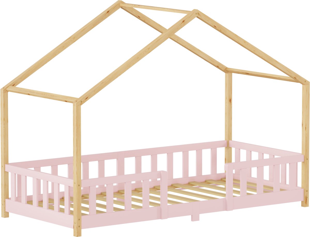 Kinderbed Treviolo huisbed 90x200 cm roze en naturel [en.casa]