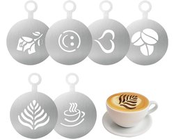 Set van 6 roestvrijstalen sjablonen voor het decoreren van koffie, cappuccino en latte art