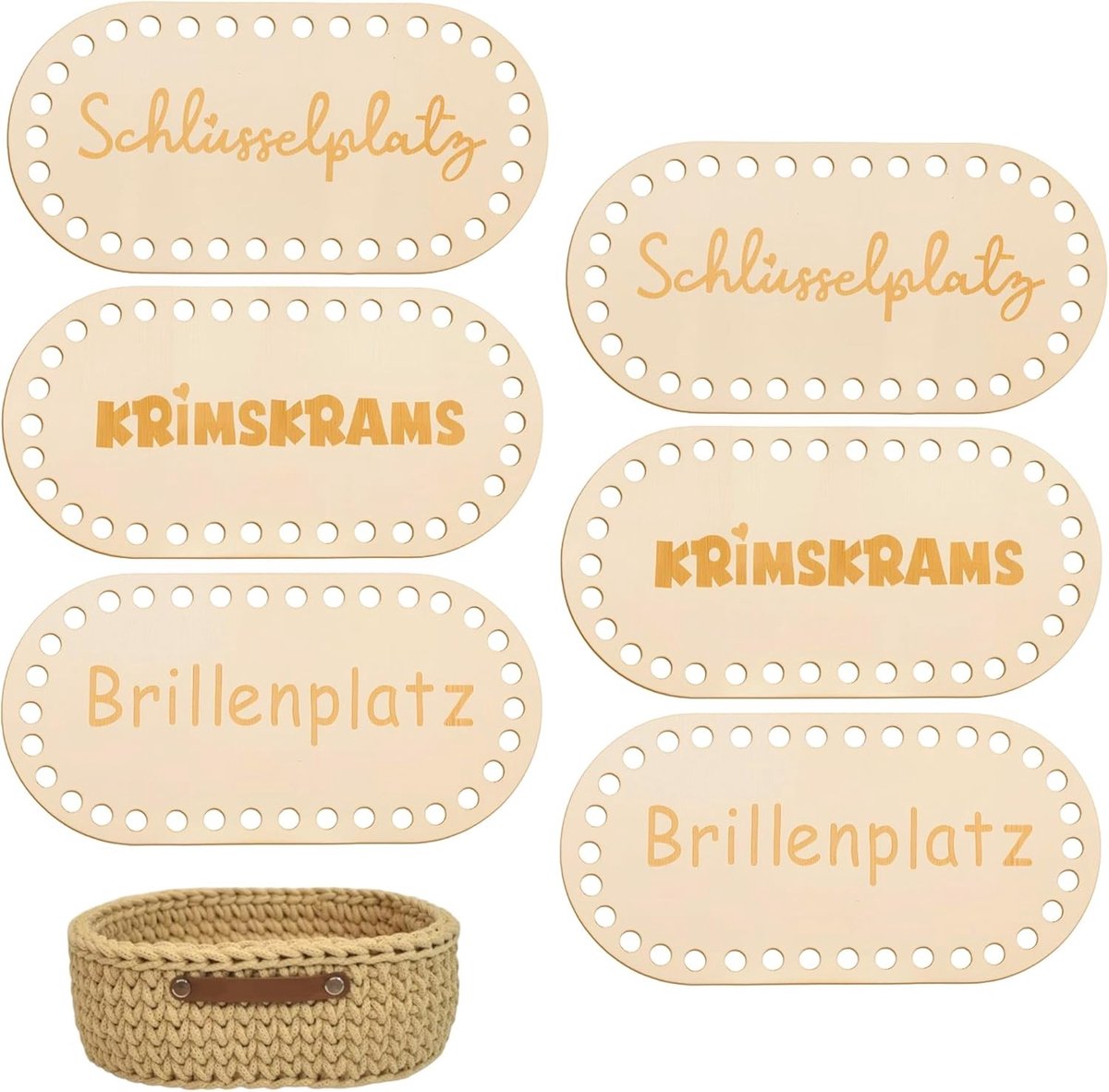 6-delige houten bodem voor haakmanden, 10x20cm, ideaal voor DIY projecten, manden maken, en handwerk accessoires