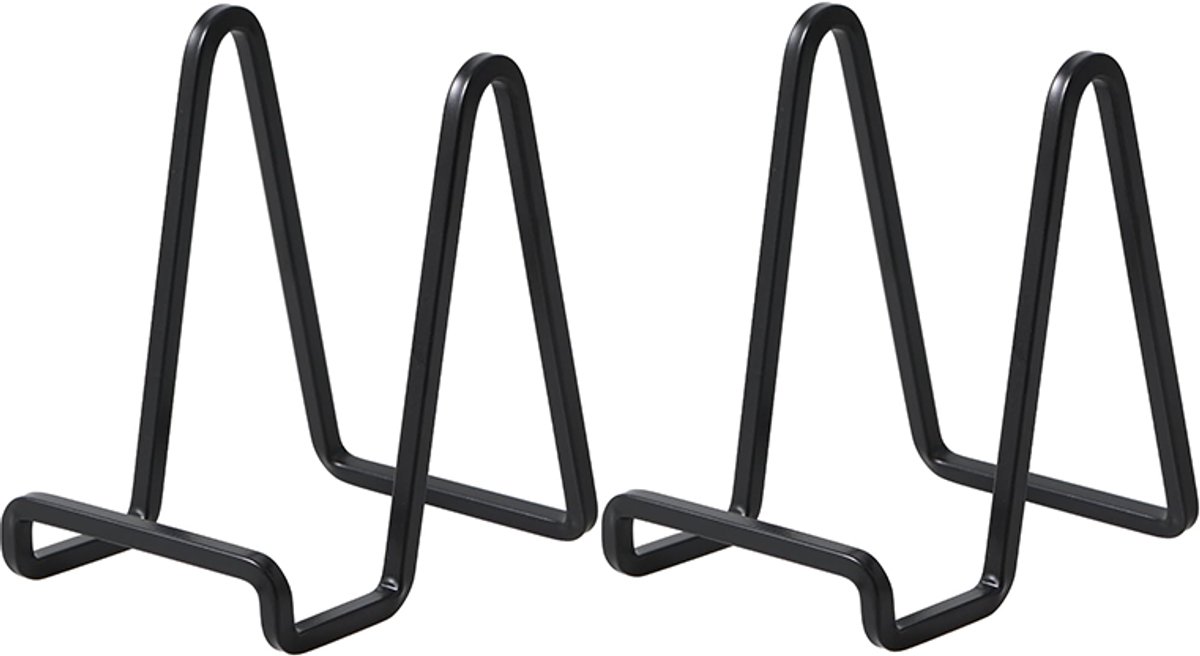 Set van 2 bordenstandaards in schildersezelstijl – 11,4 cm metalen decoratieve bordenhouder – Tafelstandaard voor fotolijsten – Smeedijzeren displaystandaard voor herdenkingsborden, kookboeken, ansichtkaarten of kunstwerken – Zwart