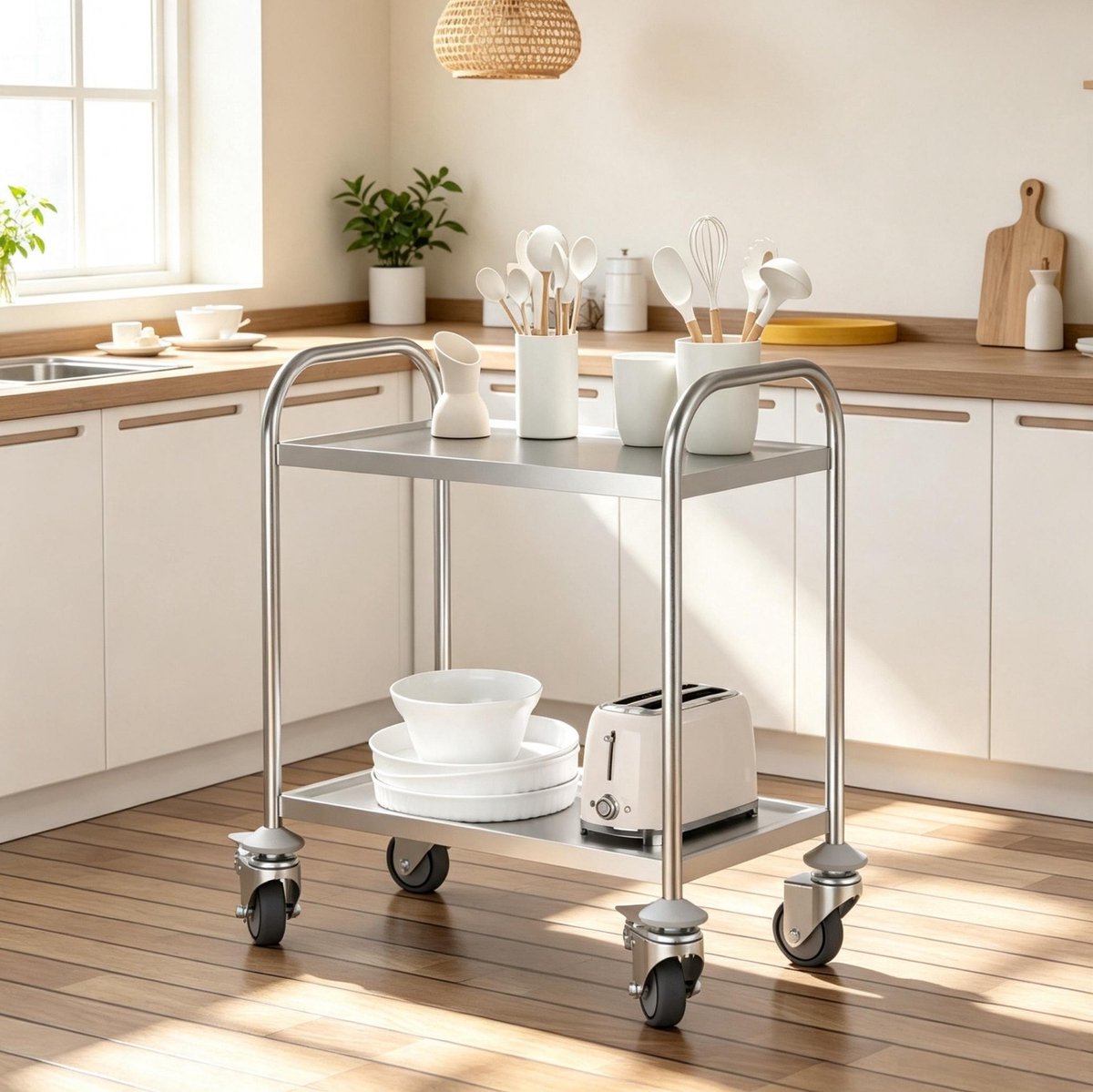 Servierwagen Met 2 Lagen - Verrijdbaar Met 4 Zwenkwielen En Rem - 80 x 45 x 82 cm - RVS Verchroomd - Grijs - Keuken En Serveertoepassing