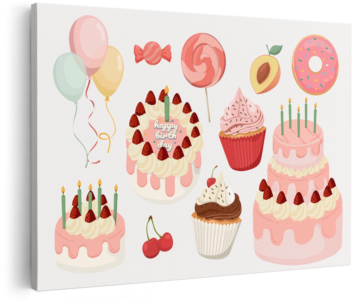 Artaza Canvas Schilderij Verjaardagstaart - 150x100 cm - Groot - Wanddecoratie Kinderkamer - Muurdecoratie Cupcakes - Decoratie Ballonnen Roze