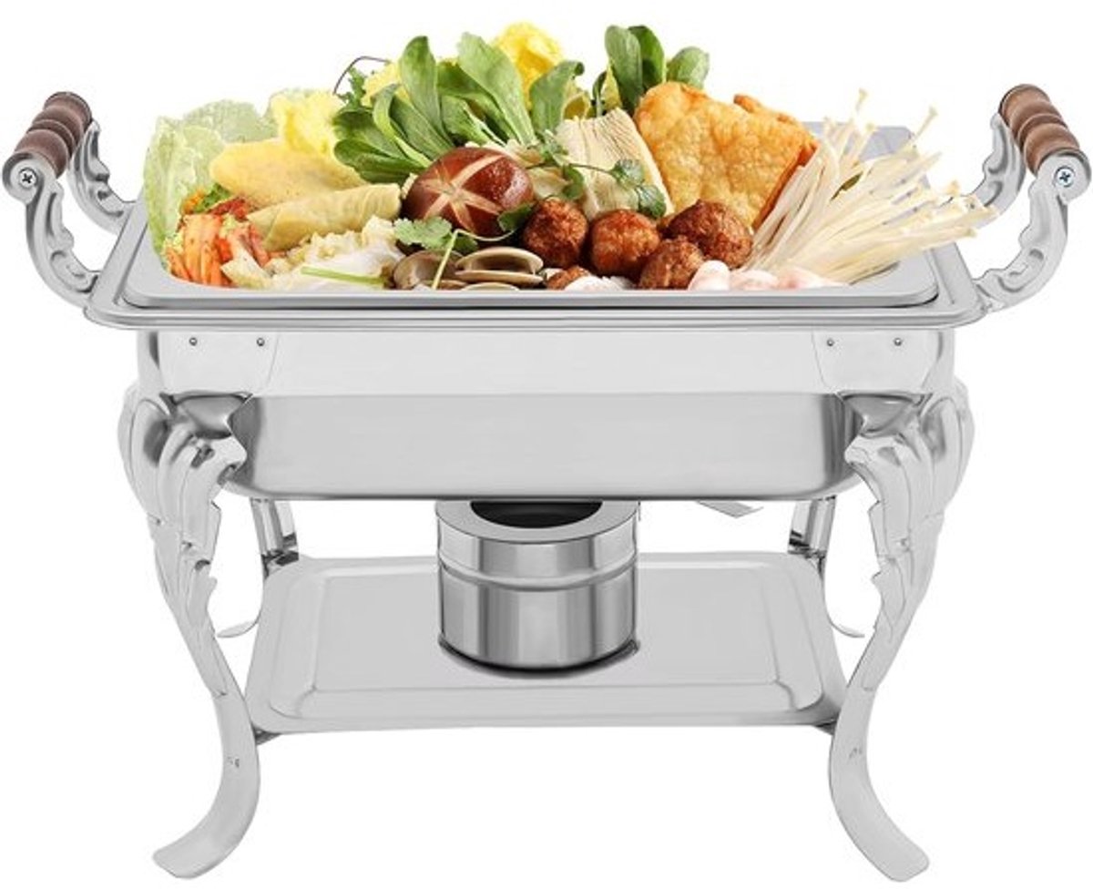 Buffetwarmers Set - Voedselverwarmer Chafing Dish - Eten Warm Houden - Stabiele Houten Standaard - 4 Liter Capaciteit - Zilverkleurig
