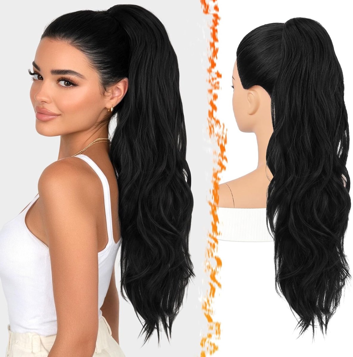 Zwarte Golvende Ponytail Extensions van 63 cm met Synthetische Klem voor een Glamoureuze Look