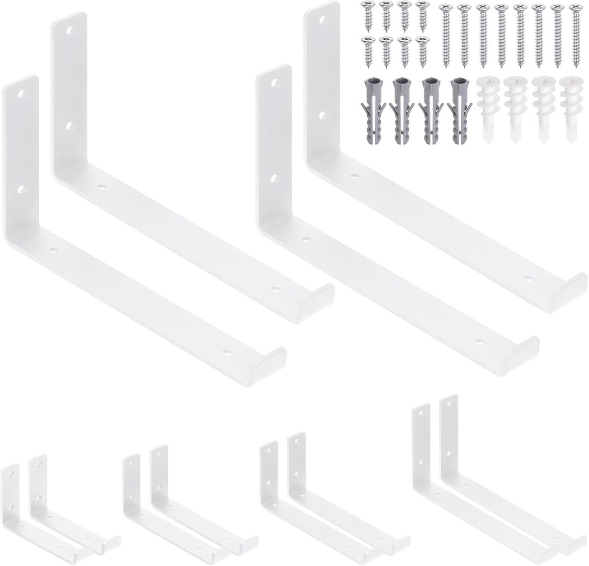 Set van 4 J lipplankbeugels 28,6 cm x 15 cm - Zware metalen ondersteuning voor zwevende planken, inclusief schroeven en muurankers voor een strakke afwerking