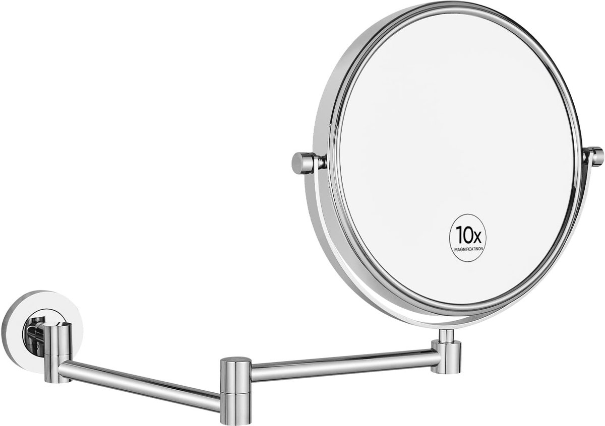 Make-up spiegel - Wandmontage Uitschuifbaar 360° Draaibaar Dubbelzijdig met 10x Vergroting - Badkamer - Chroom Ø 20 cm