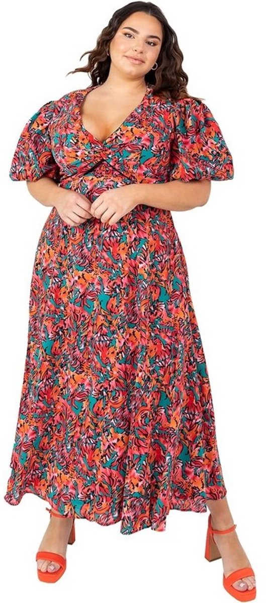 Plus Size Zomerjurk Tropische Print Midi met V-hals en Strikdetail