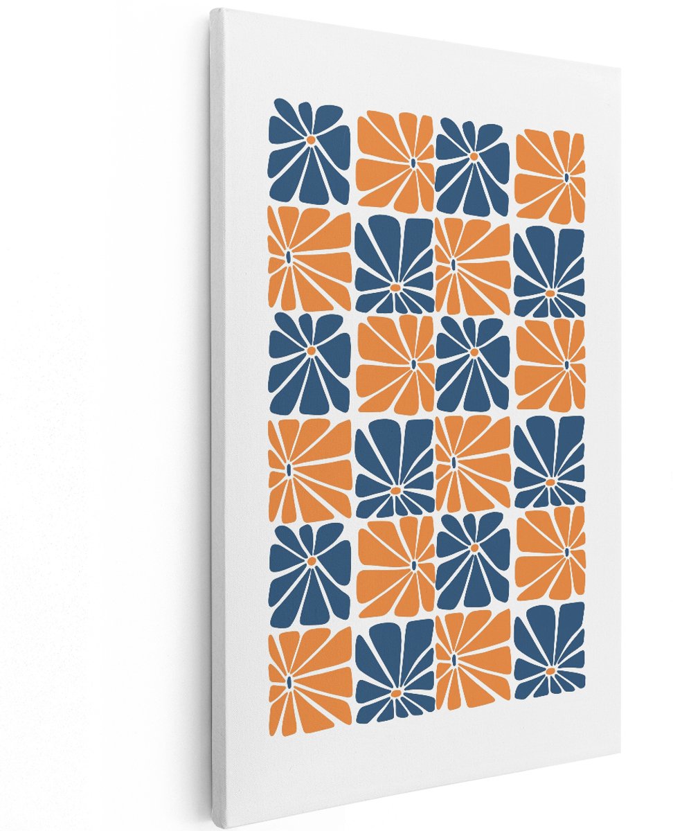 Artaza Canvas Schilderij Abstract Bloempatroon - 120x180 cm - Groot - Wanddecoratie Bloemen - Muurdecoratie Geometrisch - Decoratie Retro - Blauw Oranje
