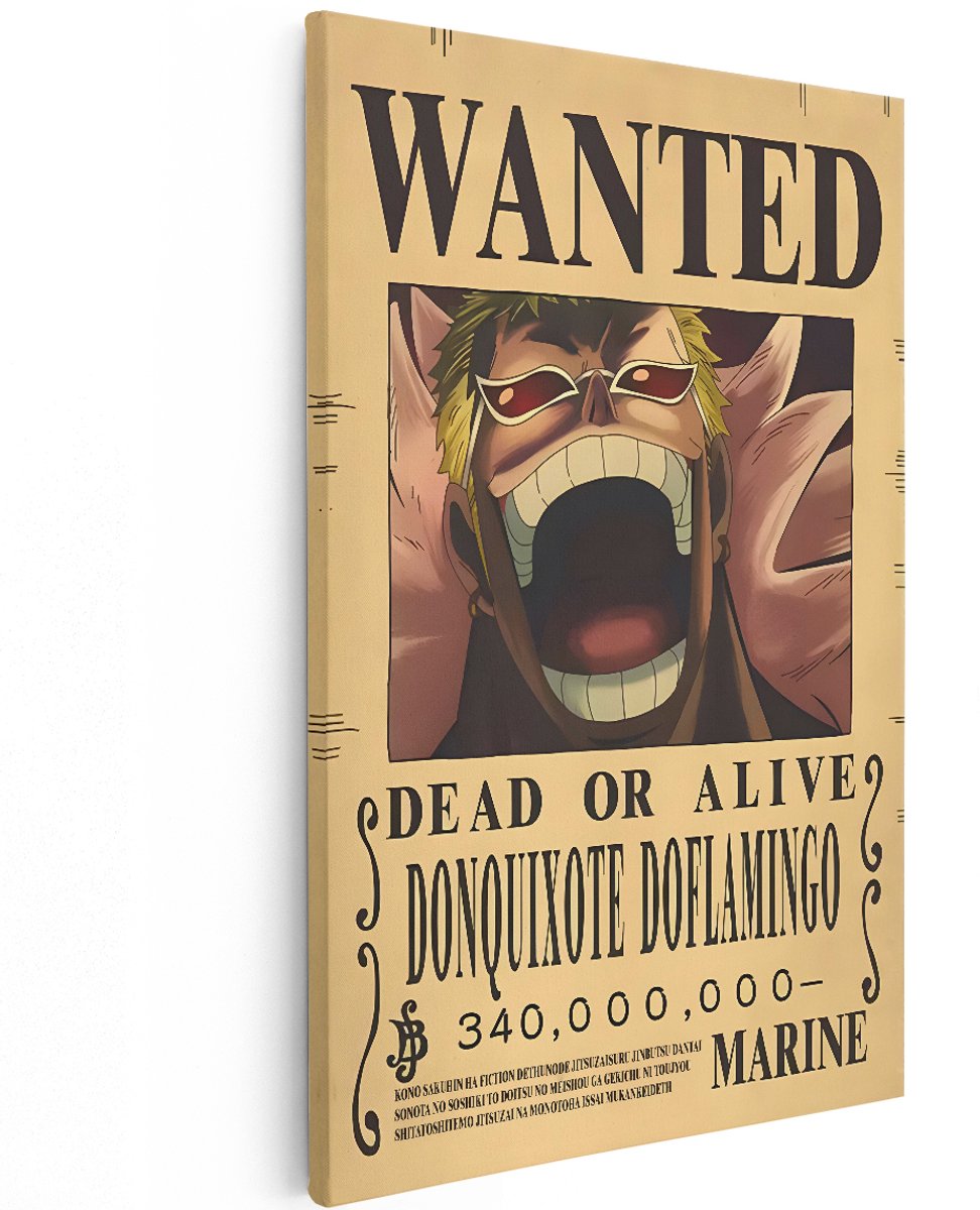Artaza Canvas Schilderij One Piece - 120x180 cm - Groot - Wanddecoratie Doflamingo Wanted Poster - Muurdecoratie Anime - Decoratie Jongenskamer