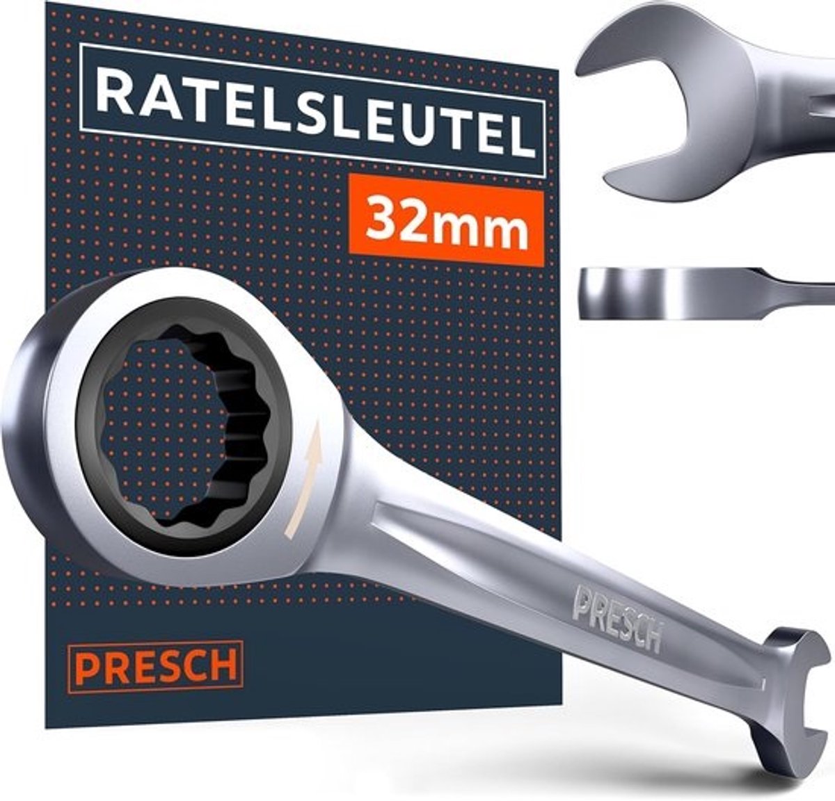 Ratelsleutel Ringsleutel - Precisie Gereedschap - Krappe Plekken - Minimale Terughaalhoek - 32mm - Zilver