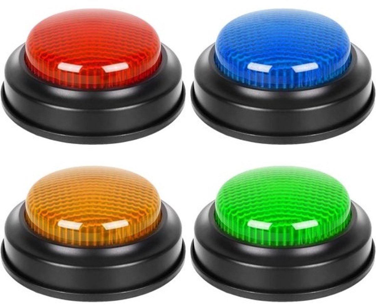 Spel Antwoord Zoemer - Quiz Geluidsknop - Spelshow Thuis - Vier Verschillende Geluiden - 9x9x3.5cm Per Knop