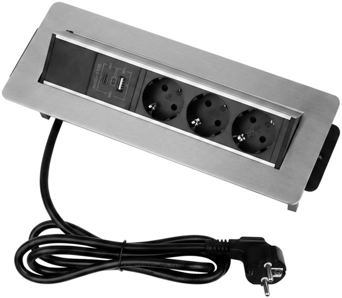 Design Light Flixbox – Stekkerdoos met 3 stopcontacten – Verdeeldoos met USB A & C –Smalle inbouw verdeelstekker met 1,5 meter kabel – Zilver