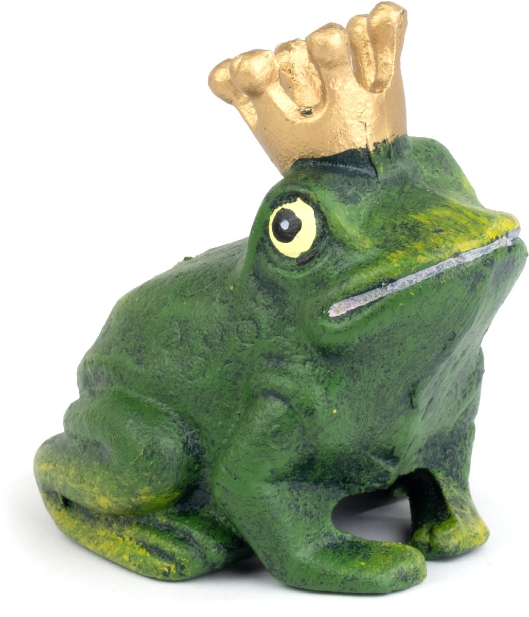 Moritz Tuinbeeld Kikker met Kroon - Gietijzer - 11,5 cm hoog - Groen Goud Antiek - Kikkerbeeld zittend in klassieke sprookjesvorm met gouden kroon - Geschikt voor binnen en buiten - Tuindecoratie voor border en vijverrand - 1 stuk