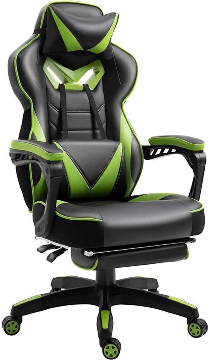 Ergonomische Gaming Stoel met Voetensteun en Kussens - In Hoogte Verstelbaar - Zwart Groen