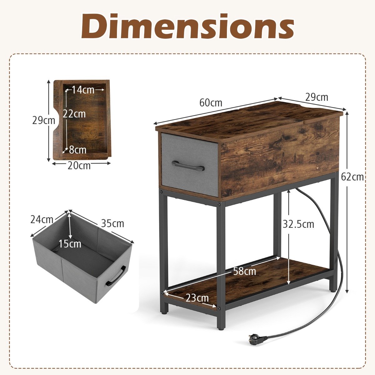 SureDeal® - Bijzettafel - Oplaadstation - Ledverlichting Nachtkastje Industriële - Stof Beklede Lades - Open Planken - 60x29x62 cm - Koffiebruin