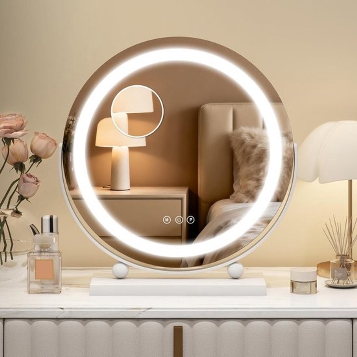 Ronde Verlichte Make-up Spiegel met Touch Control en 360 Graden Draaibaar