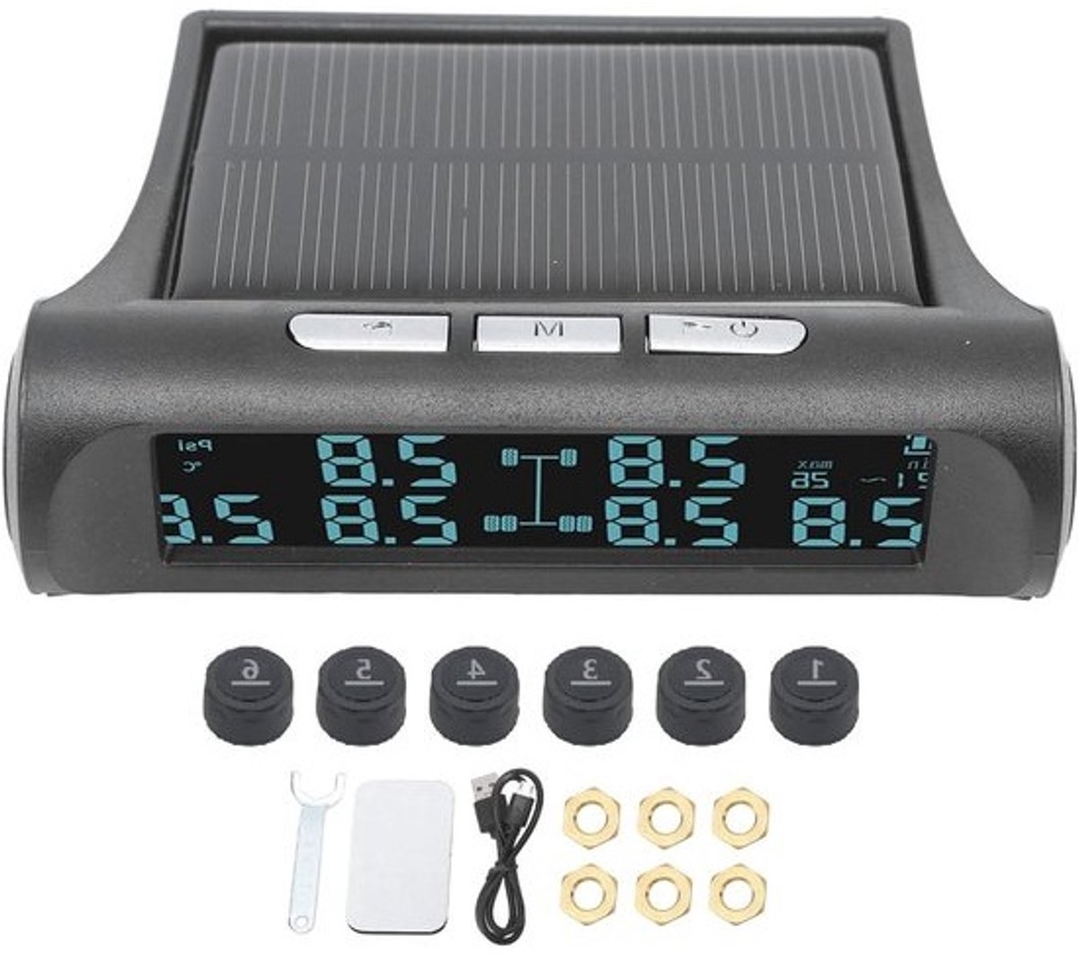 Bandenspanningscontrole Systeem - TPMS LCD - Veilig Rijden - Zonne-energie Opladen - 6 Sensoren - Zwart