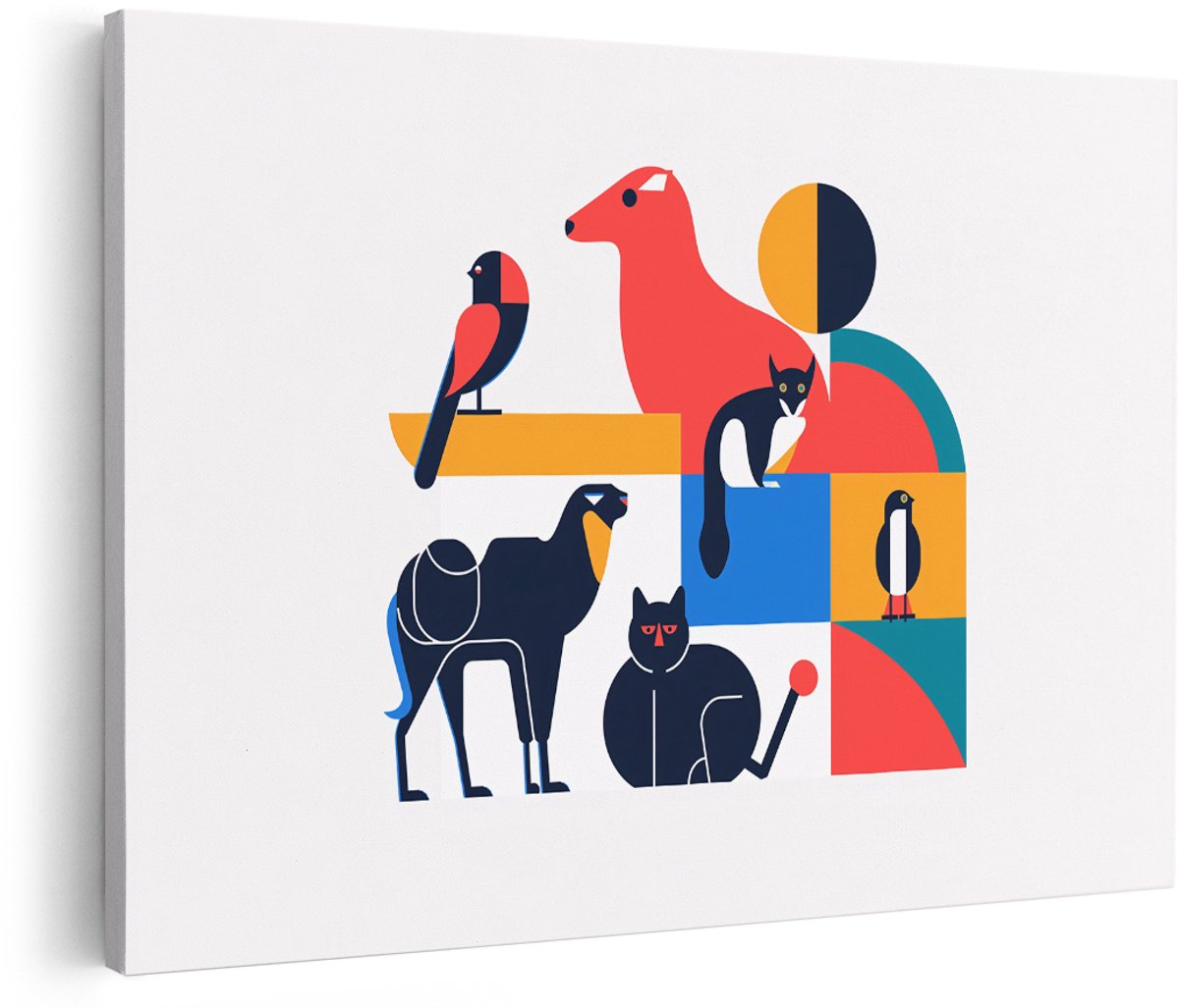 Artaza Canvas Schilderij Abstract Dieren - 180x120 cm - Groot - Wanddecoratie Geometrisch - Muurdecoratie Kleurrijk - Decoratie Vogel Kat Hond