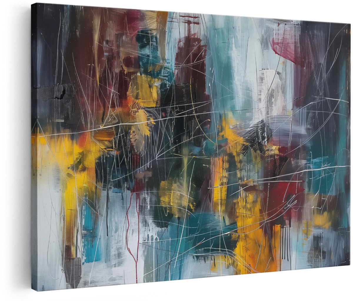 Artaza Canvas Schilderij Abstract Kunstwerk met Rood, Geel en Blauw - 180x120 cm - Groot - Wanddecoratie Woonkamer - Schilderijen - Muurdecoratie