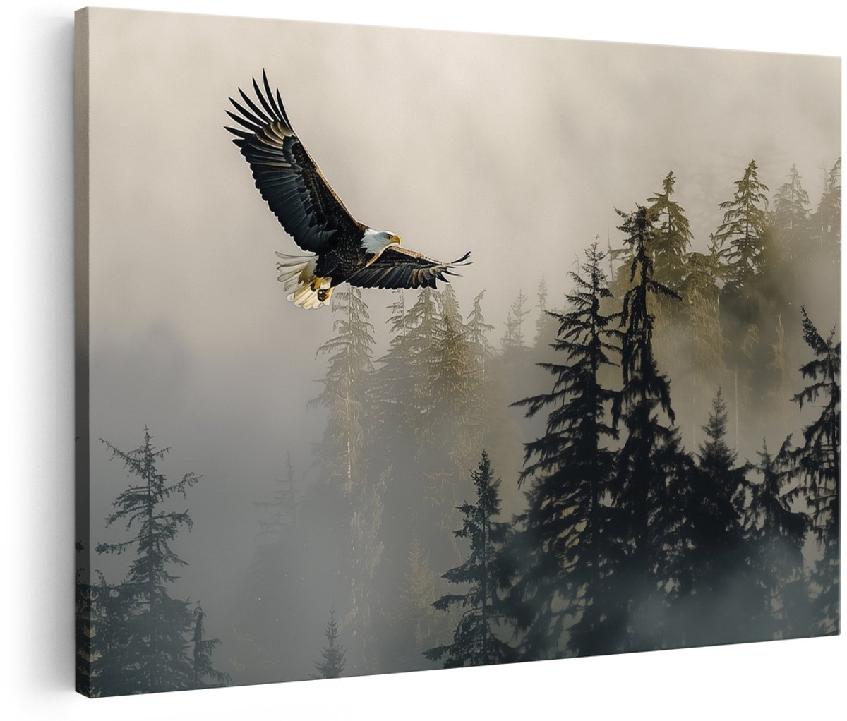 Artaza Canvas Schilderij Amerikaanse Zee Arend Vliegt over een Bos - Dieren - 180x120 cm - Groot - Wanddecoratie Woonkamer - Schilderijen - Muurdecoratie