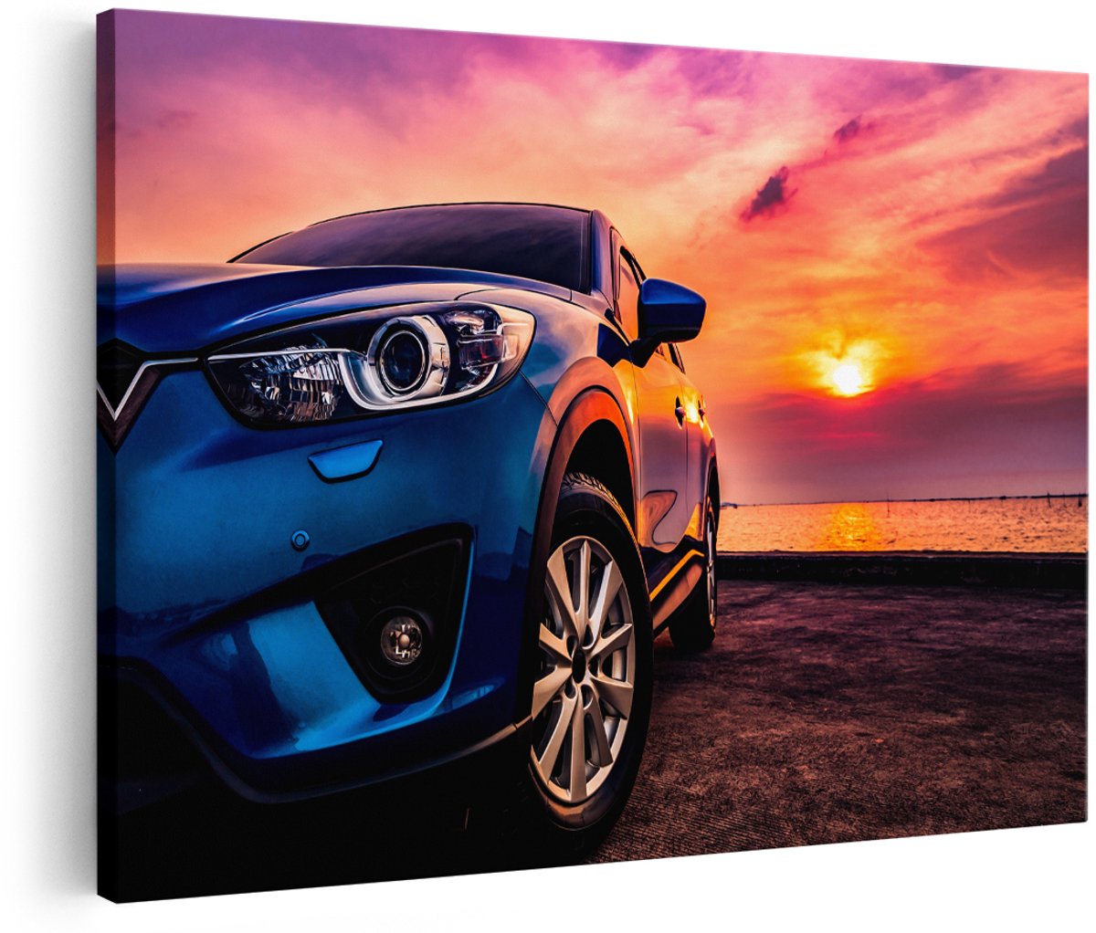 Artaza Canvas Schilderij Blauwe Sportwagen Auto Bij Zonsondergang - 180x120 cm - Groot - Foto Op Canvas - Wanddecoratie Woonkamer