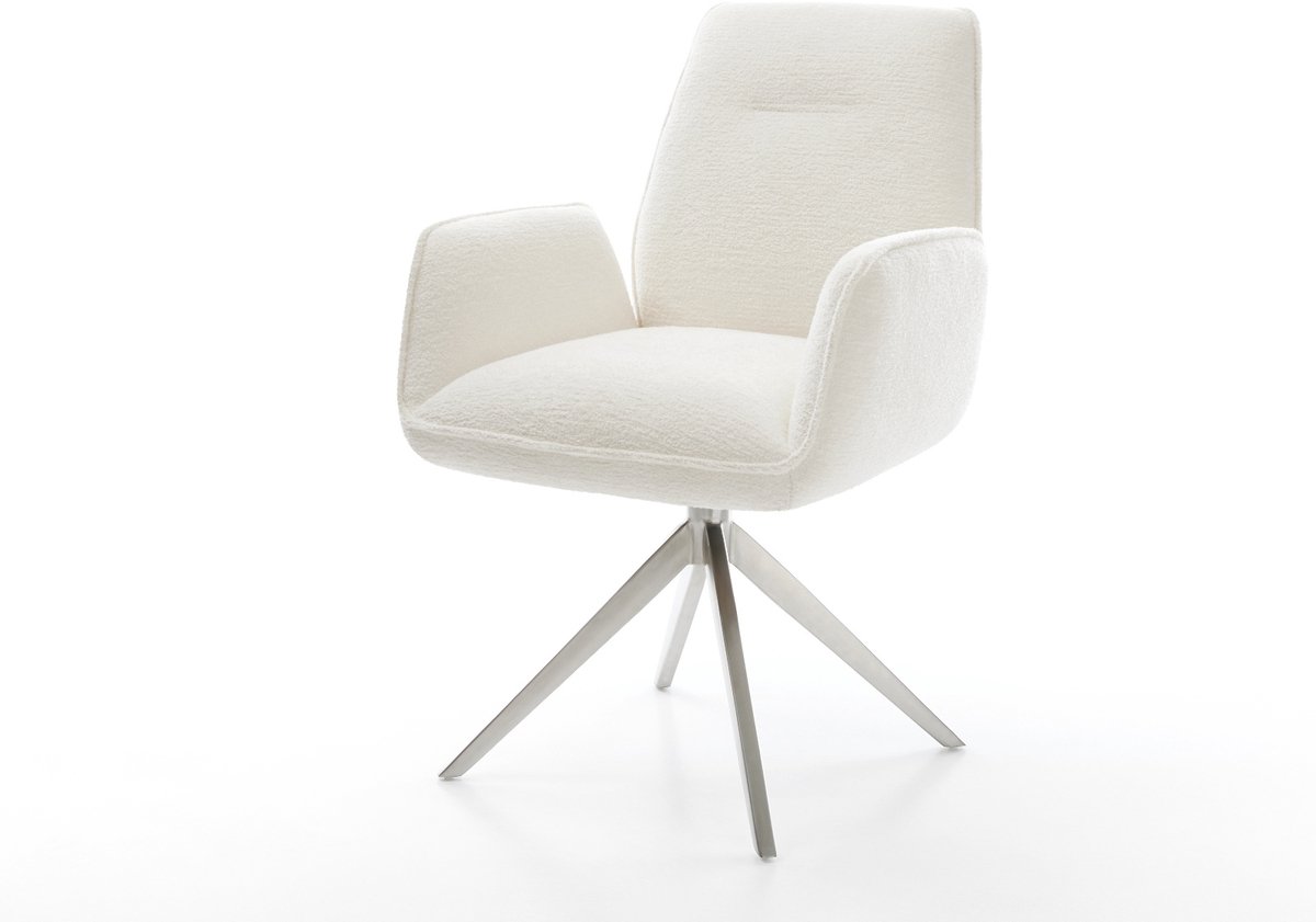 Eetkamerstoel Zoa-Flex kruisframe breed roestvrij staal bouclé zacht beige 360° draaibaar rocker-functie pocketveer kern
