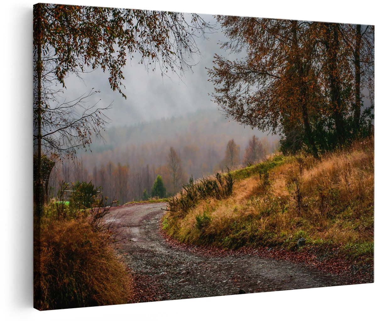 Artaza Canvas Schilderij Herfstlandschap - 180x120 cm - Groot - Wanddecoratie Mistig Bos - Muurdecoratie Natuur - Decoratie Bomen Woonkamer